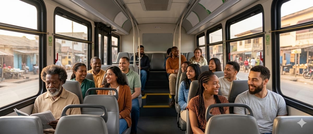 Happy commuters enjoying a Zitran bus ride through Accra
